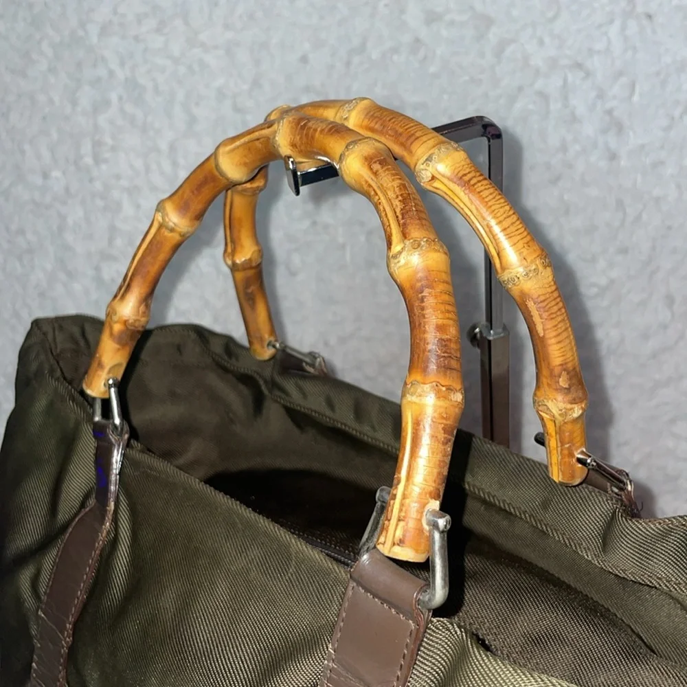 Gucci Vintage Bamboo Handle Nylon Leather Large Shopper Tote Olive Green Brown - Picture 7 of 15